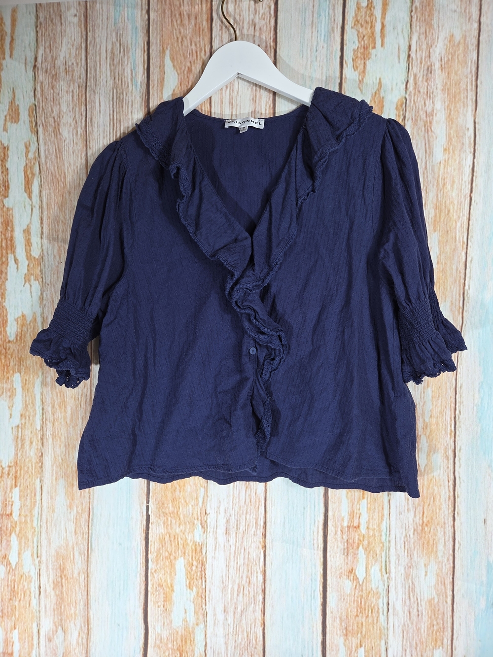 Raisonnel Anthropologie Navy Ruffled V-Neck Women's Top. 100% Cotton. Size M